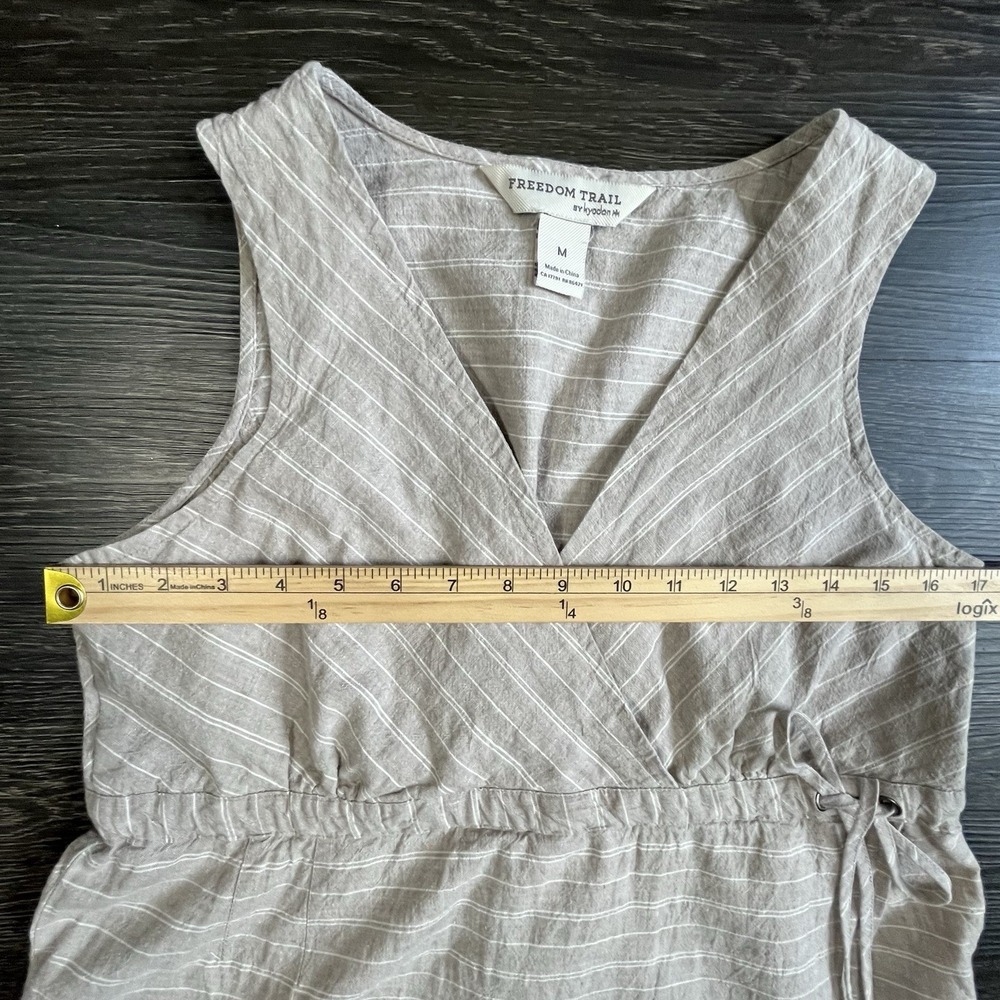 Kyodon Linen Blend Faux Wrap Mini Dress‎ Beige Striped Medium Boho Beach Casual - Picture 7 of 11